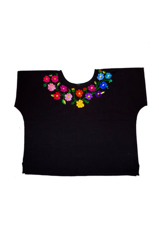 Theodora Hand Embroidered Black Blouse- Pinwheel Flowers- Large