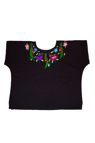 Theodora Hand Embroidered Black Blouse- Honeycomb Flowers- Large