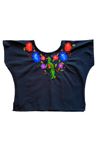 Theodora Hand Embroidered Black Blouse- Pinwheel Flowers- Large