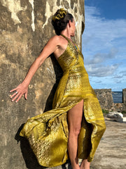 The Christina Halter Dress - Upcycled Saree Textile - Golden Retro Riviera Collection