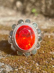 Vintage Hessinite Cinnamon Stone & Silver Ring With Emerald  Crown