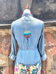 Vintage Denim Button Down With Shakira Hand Embroidery- Up-Cycled Collection