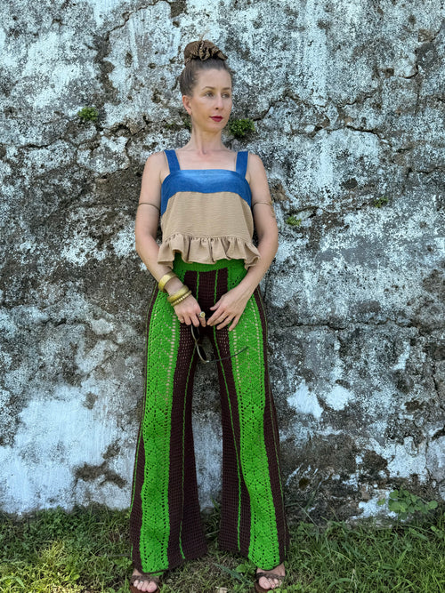 Seventies Sol Crochet Pants - Iresha Made In Coco-Green Color- Golden Retro Riviera Collection