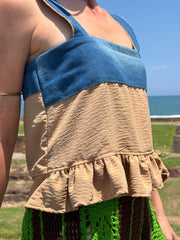 Retro Baby Doll Top - Upcycled Denim & Pants - Golden Retro Riviera Collection