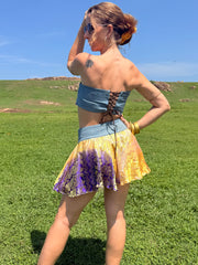 Gilded Honey Skirt - Upcycled Denim & Silk Saree Textile - Golden Retro Riviera Collection