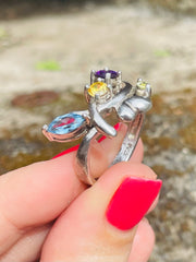 Vintage Afghan Gemstone Silver Ring With Sapphire, Topaz, Amethyst & Tourmaline