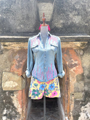 Vintage Denim Button Down With Shakira Hand Embroidery- Up-Cycled Collection