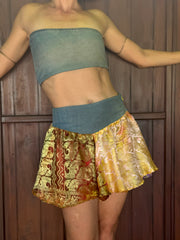 Gilded Honey Skirt - Upcycled Denim & Silk Saree Textile - Golden Retro Riviera Collection