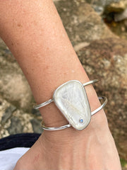 Sri Lankan Moonstone With Blue Moonstone Gem Accent Sterling Silver Cuff - Made In Sri Lanka