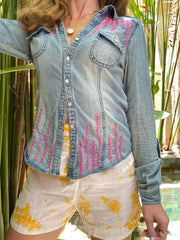 Vintage Denim Button Down With Shakira Hand Embroidery- Up-Cycled Collection