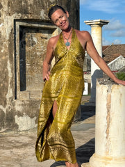 The Christina Halter Dress - Upcycled Saree Textile - Golden Retro Riviera Collection