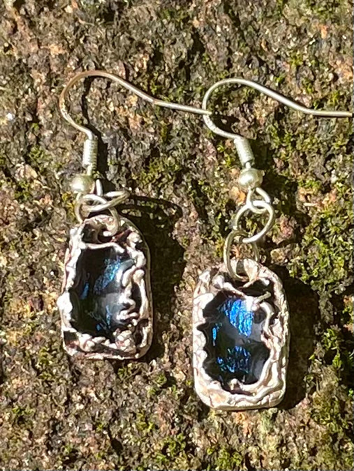 Wendy Molded Sterling Silver & Blue Dichroic Glass Earrings