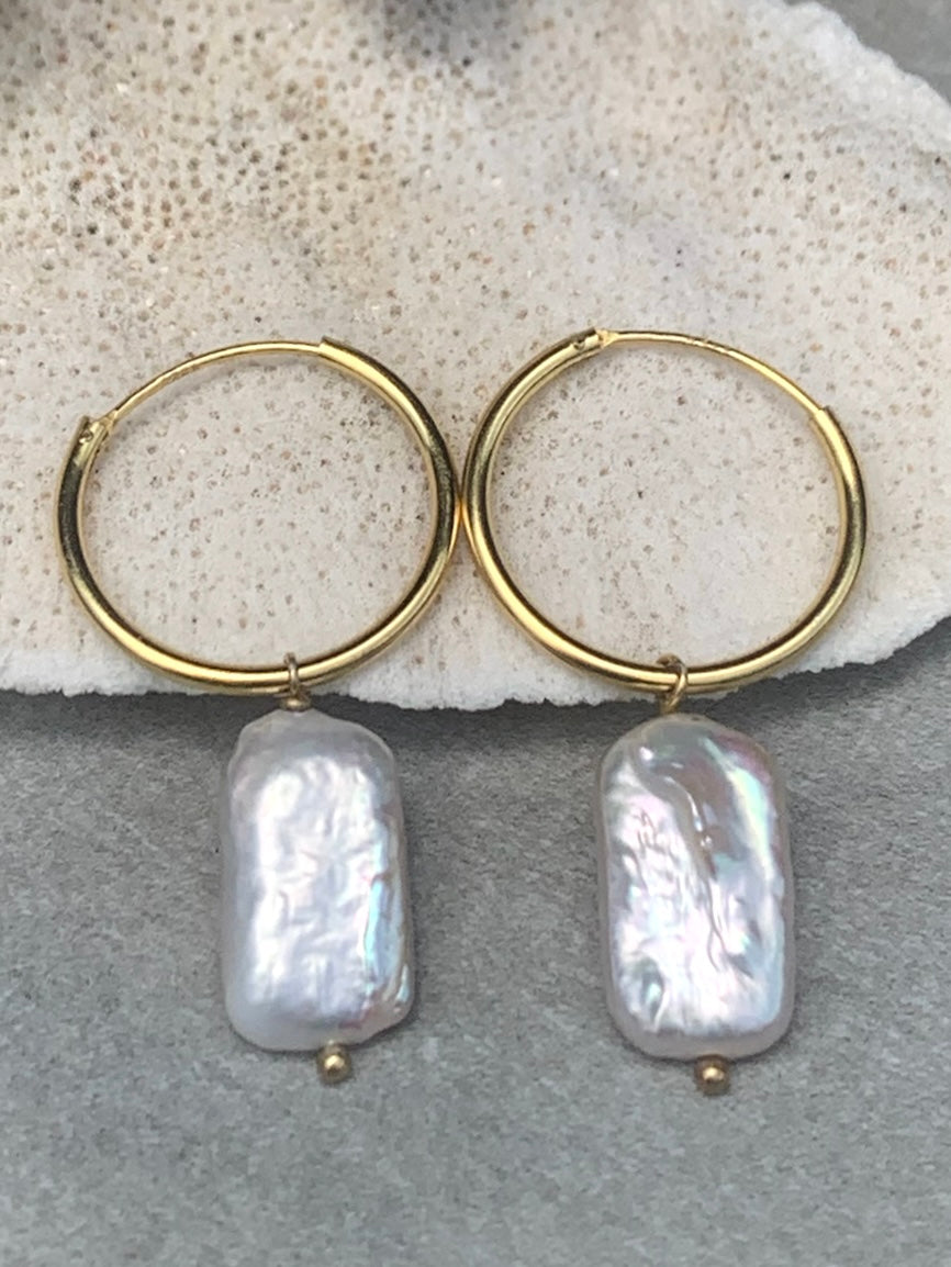 Pearl 14k Gold Bar Earrings - 100% Genuine Pearls