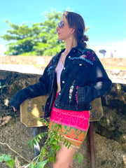 The Roxana - Denim With Crystal Fringe & African Textile - Up-Cycled Collection