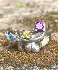 Vintage Afghan Gemstone Silver Ring With Sapphire, Topaz, Amethyst & Tourmaline