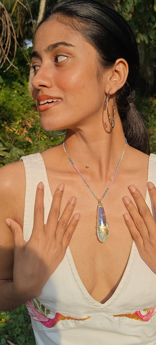 BoBo Crystal & Sterling Silver Wrap Necklace With Seed Beads - Made In Sri Lanka