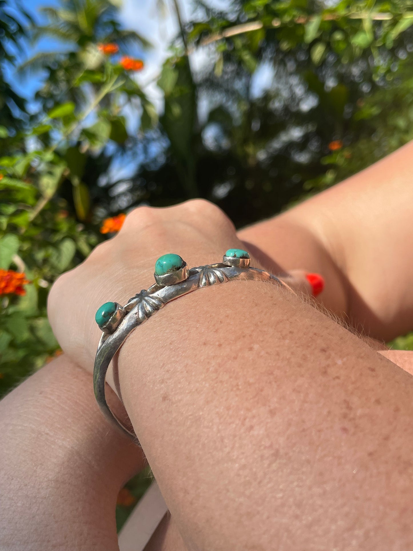 “Love Is For Sharing” - Vintage 3 Turquoise Stone And Silver Cuff