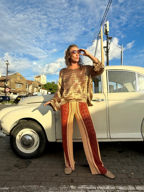 The Silky Mocha Blouse - Upcycled Saree Textile - Golden Retro Riviera Collection