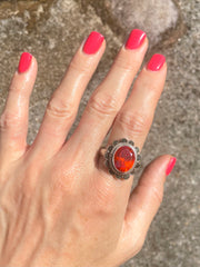 Vintage Hessinite Cinnamon Stone & Silver Ring With Emerald  Crown