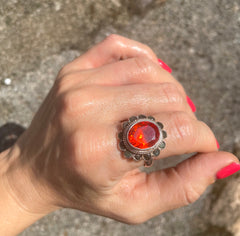Vintage Hessinite Cinnamon Stone & Silver Ring With Emerald  Crown