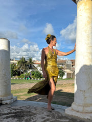 The Christina Halter Dress - Upcycled Saree Textile - Golden Retro Riviera Collection