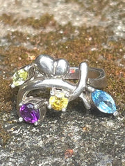 Vintage Afghan Gemstone Silver Ring With Sapphire, Topaz, Amethyst & Tourmaline