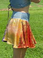 Gilded Honey Skirt - Upcycled Denim & Silk Saree Textile - Golden Retro Riviera Collection