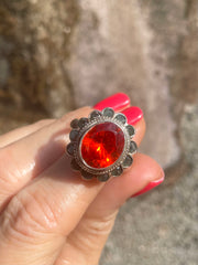 Vintage Hessinite Cinnamon Stone & Silver Ring With Emerald  Crown