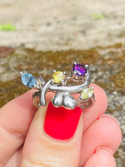 Vintage Afghan Gemstone Silver Ring With Sapphire, Topaz, Amethyst & Tourmaline