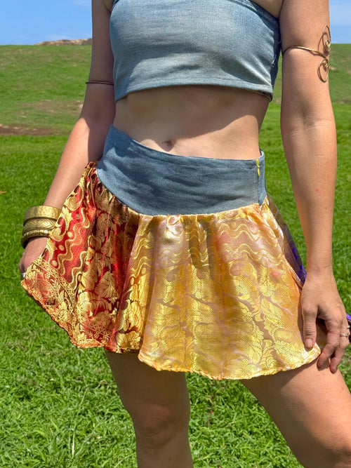 Gilded Honey Skirt - Upcycled Denim & Silk Saree Textile - Golden Retro Riviera Collection