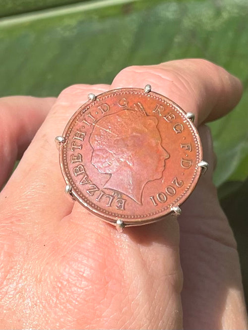 Vintage Coin Silver Ring - Authentic English Pence c. 2001 - Ring Made In Sri Lanka