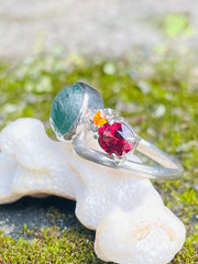 Indian Catseye, Yellow Quartz & Garnet in .925 Silver Ring - Made In Sri Lanka - Kalumali Design
