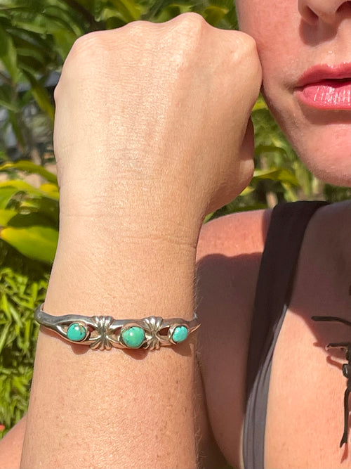 Vintage 3 Turquoise Stone And Silver Cuff - Engraved