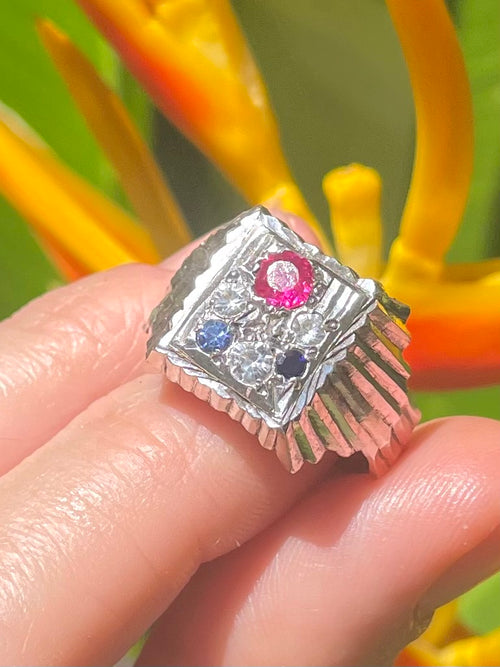 Vintage Afghan Sapphire, Ruby, Topaz & Silver Ring