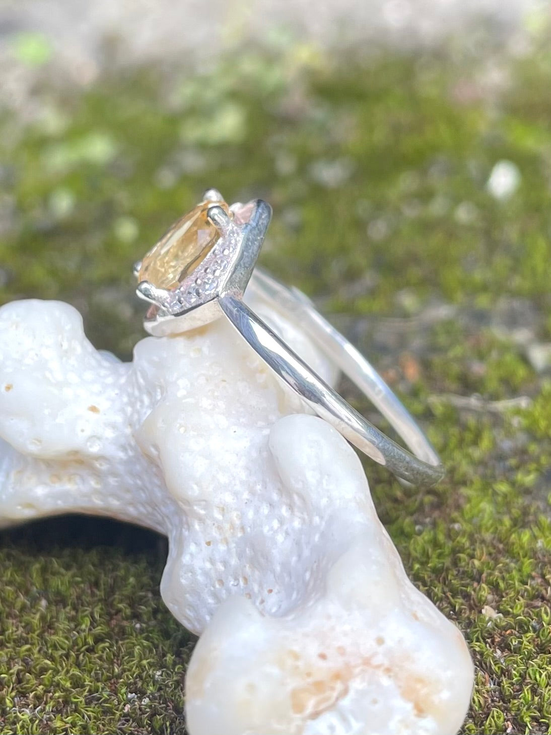 Profile and close up photo of Sri Lankan Citrine and silver ring made by local artisans