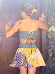 Gilded Honey Skirt - Upcycled Denim & Silk Saree Textile - Golden Retro Riviera Collection