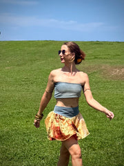 Gilded Honey Skirt - Upcycled Denim & Silk Saree Textile - Golden Retro Riviera Collection
