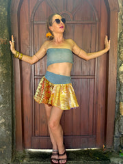 Gilded Honey Skirt - Upcycled Denim & Silk Saree Textile - Golden Retro Riviera Collection