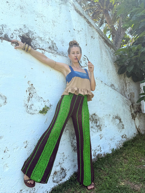 Seventies Sol Crochet Pants - Iresha Made In Coco-Green Color- Golden Retro Riviera Collection