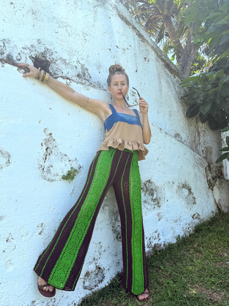 Seventies Sol Crochet Pants - Iresha Made In Coco-Green Color- Made To Order