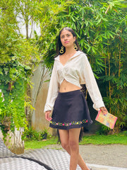 The Selene - Hand Embroidered Denim Skirt - Up-Cycled Collection