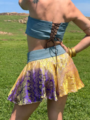 Gilded Honey Skirt - Upcycled Denim & Silk Saree Textile - Golden Retro Riviera Collection