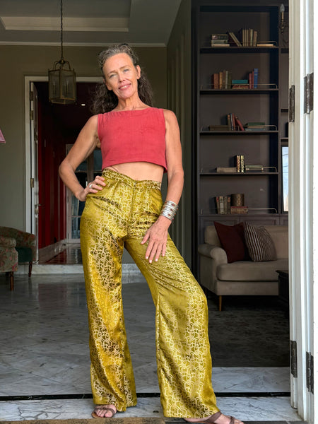 The Jackson Trouser - Upcycled Saree Textile - Golden Retro Riviera