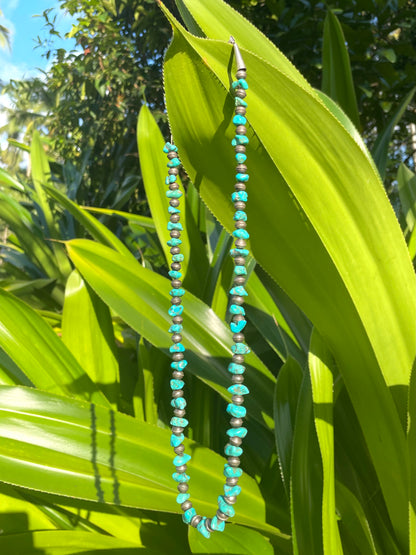 Vintage Native American Silver And Turquoise Long Necklace - Signed