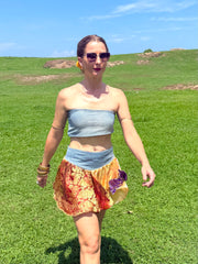 Gilded Honey Skirt - Upcycled Denim & Silk Saree Textile - Golden Retro Riviera Collection