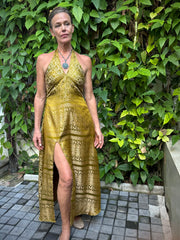 The Christina Halter Dress - Upcycled Saree Textile - Golden Retro Riviera Collection