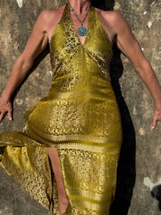 The Christina Halter Dress - Upcycled Saree Textile - Golden Retro Riviera Collection