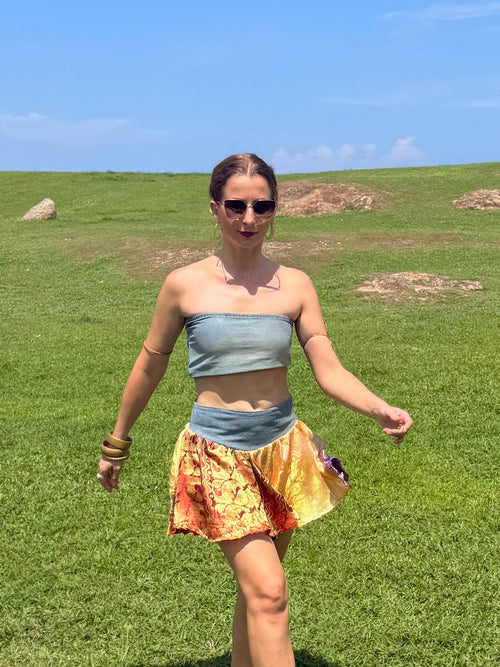 Gilded Honey Skirt - Upcycled Denim & Silk Saree Textile - Golden Retro Riviera Collection