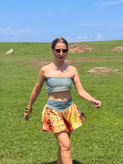 Gilded Honey Skirt - Upcycled Denim & Silk Saree Textile - Golden Retro Riviera Collection