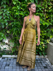 The Christina Halter Dress - Upcycled Saree Textile - Golden Retro Riviera Collection